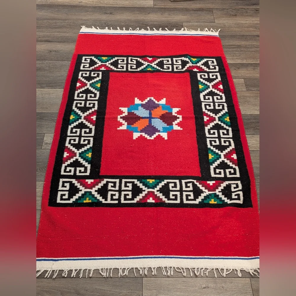 Vintage 1960s Traditional Geometric Mexican Woven Tapestry Blanket Rug 76